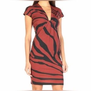 Roberto Cavalli Brick Red Twisted Zebra Print Stretchy Jersey Dress